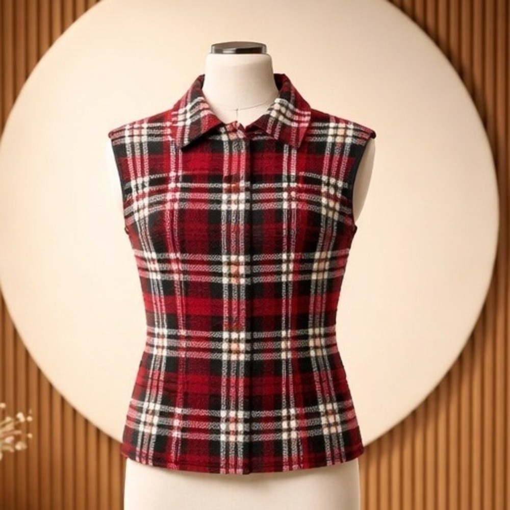 Chaps L Womens Red Black Plaid Asymmetric Zip Knit Sweater Vest Cotton Tartan